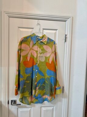 Vitamin A Linen Olive Green Floral Button-Up and Matching Shorts